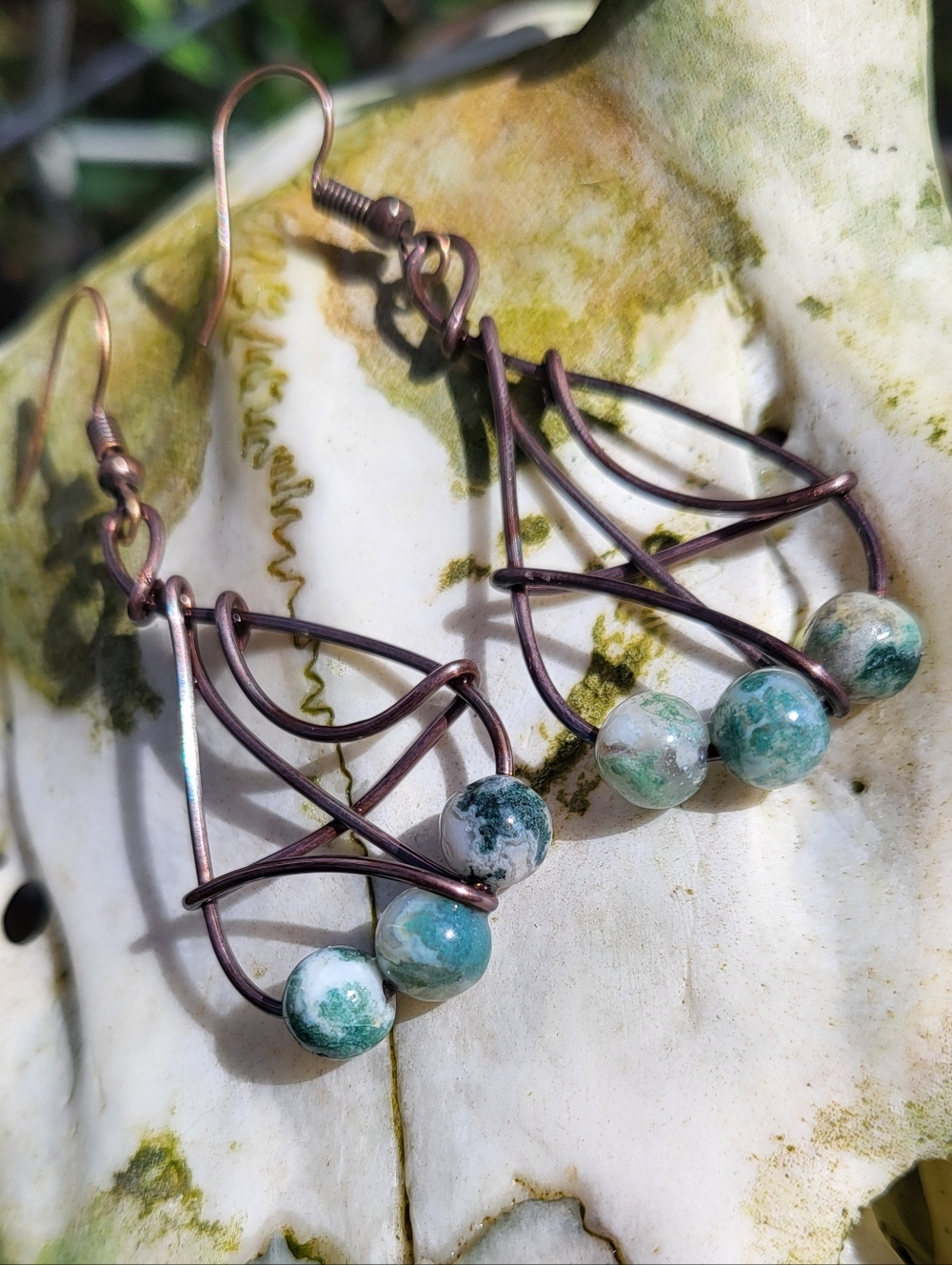 Handcrafted Moss Agate Copper Wirewrap Earrings